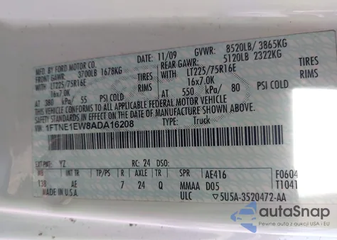 2010 Ford E-150 Commercial/Recreational z USA, uszkodzony, nr VIN 1FTNE1EW8ADA16208